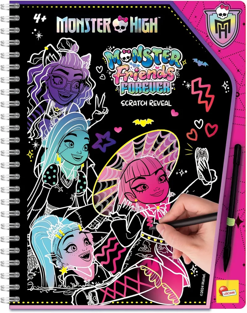Liscianigiochi ▫️ LISCIANI - MONSTER HIGH - Caderno de Desenhos para Riscar Monster High - Monster Friend Forever - Para crianças a partir dos 4 anos - 44 páginas - Lápis para riscar incluído - Multicolorido, dourado e com purpurina | Motivos coloridos surgem simplesmente ao riscá-los, com efeitos d