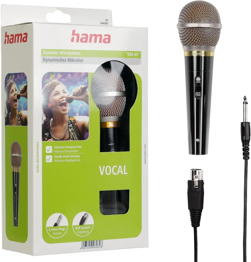 Hama ▫️ Microfone de mão dinâmico profissional para karaoke e voz, ideal para discursos e eventos Preto