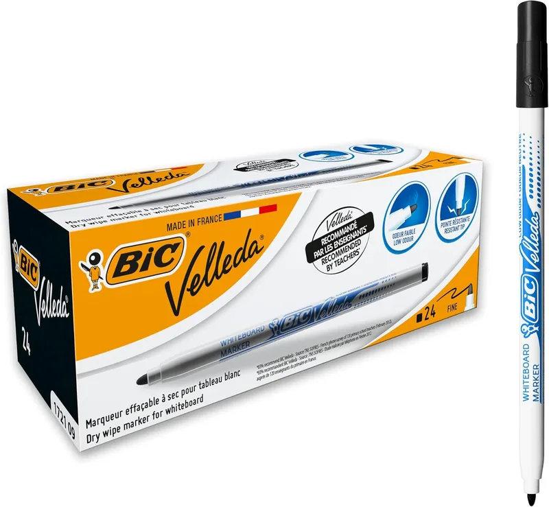 BIC ▫️ Velleda 1721, Marcadores para quadro branco com ponta fina (2,8 mm), grande capacidade de apagamento, preto, caixa de 24 unidades