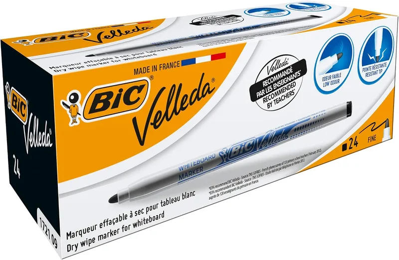 BIC ▫️ Velleda 1721, Marcadores para quadro branco com ponta fina (2,8 mm), grande capacidade de apagamento, preto, caixa com 24 unidades