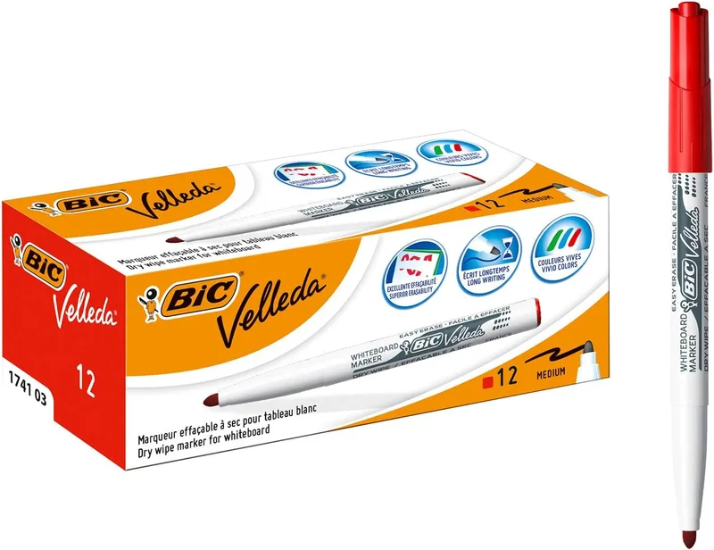 BIC ▫️ Velleda 1741 - Caixa de 12 unidades, marcadores de ponta média para quadro branco, cor vermelha