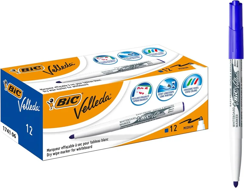BIC ▫️ Velleda 1741, Marcadores para Quadro Branco, Ponta Média, Cónica, (4,5mm), Óptimos para Uso em Escritório, Azul, Embalagem com 12 unidades.