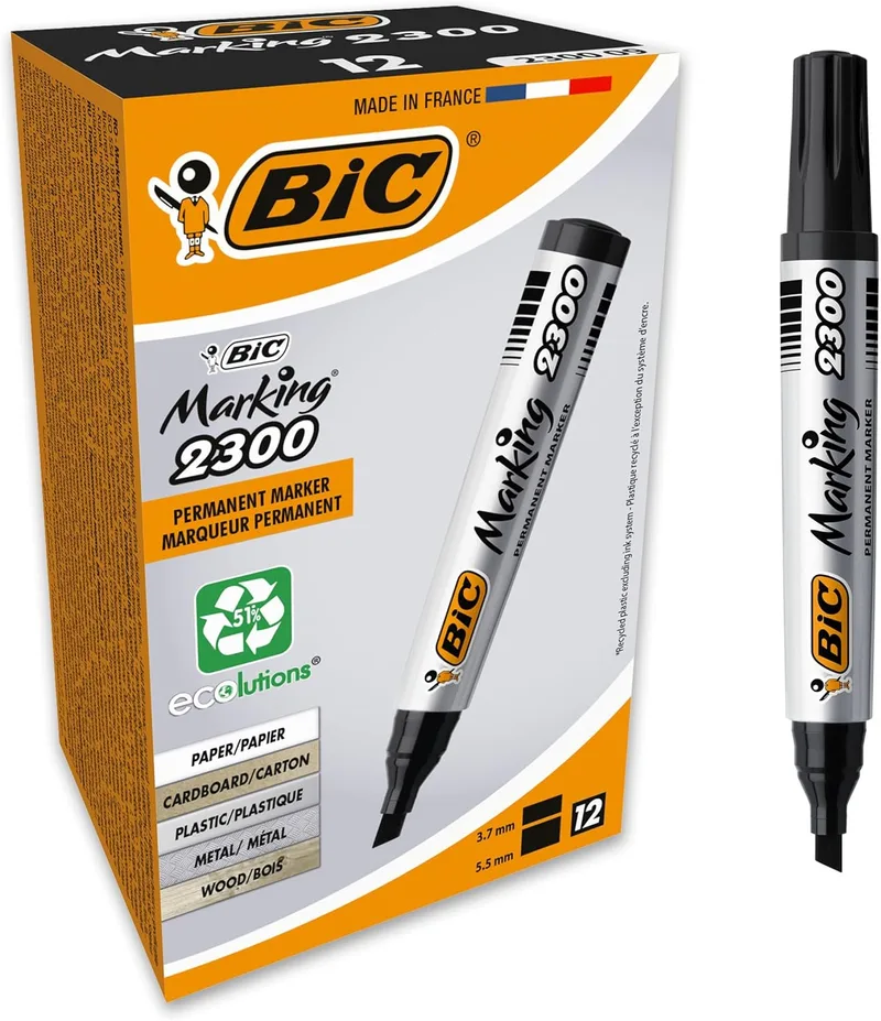BIC ▫️ Marking 2300 ECOlutions - Caixa de 12 unidades, marcadores permanentes com ponta média biselada, cor preta