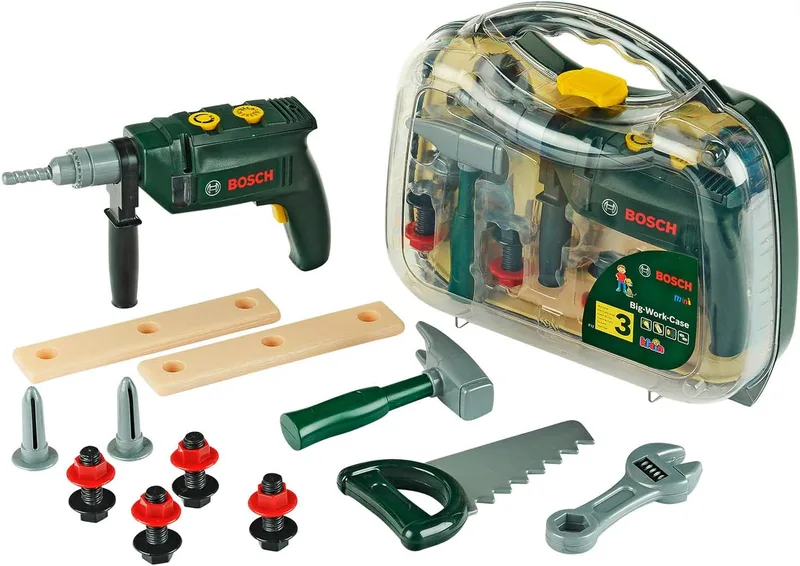 Theo Klein ▫️ 8416 Maleta de ferramentas Bosch, grande | Conjunto de 16 peças | Inclui berbequim a bateria com luz e som | Brinquedo para crianças a partir dos 3 anos