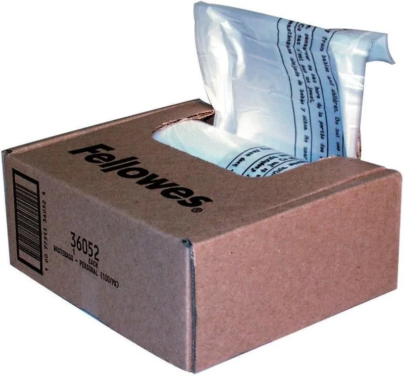 Fellowes ▫️ Sacos para resíduos de trituradoras até 30 L, embalagem de 100 sacos transparentes e resistentes para o cesto de lixo da trituradora, ideais para o escritório e para casa