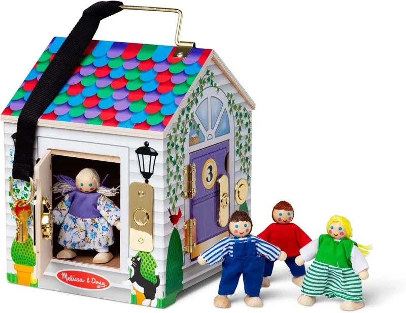 Melissa & Doug ▫️ Casa de madeira com sinos de porta, brinquedos de imitação, bonecas para crianças, 3+, prenda para rapaz ou rapariga