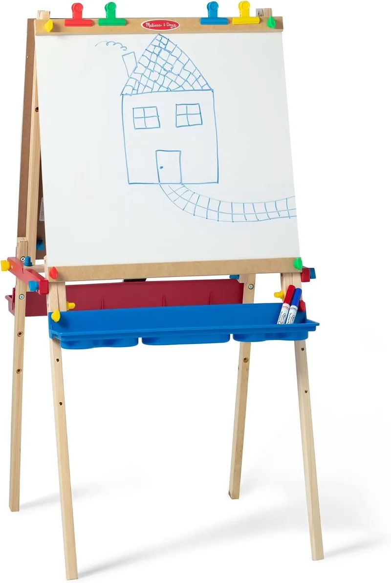 Spin Master ▫️ MELISSA & DOUG Cavalete infantil de madeira para pintar 3 em 1: quadro branco, quadro de giz e suporte para rolo de papel, ajustável - 6073589 - Atividades manuais para crianças - Presente para crianças a partir dos 3 anos - Certificados FSC