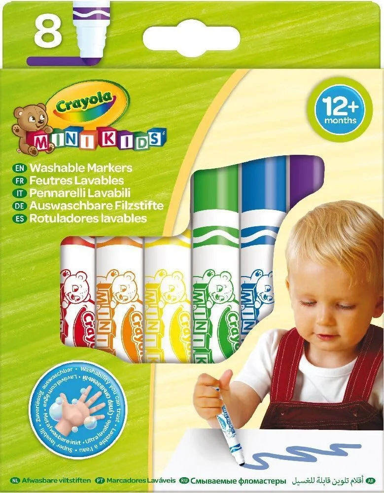 CRAYOLA ▫️ Mini Kids - Conjunto de 8 marcadores laváveis, ponta arredondada segura, ideal para a primeira infância - Idade recomendada: 12 meses, 8324