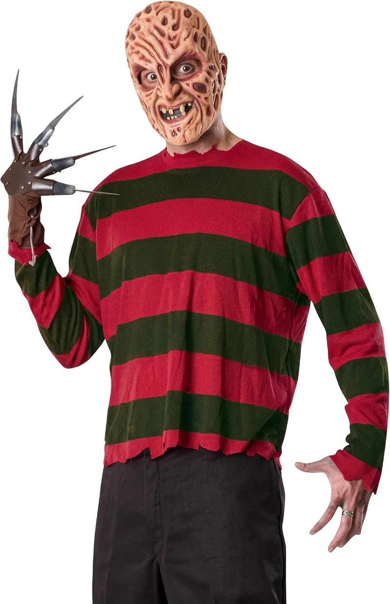 Rubies ▫️ Fato de Freddy Krueger para adulto, T-shirt estampada com máscara moldada e luva, Licença Oficial da Warner Bros. Terror, A Pesadelo em Elm Street, Tamanho único, para o Halloween, Carnaval
