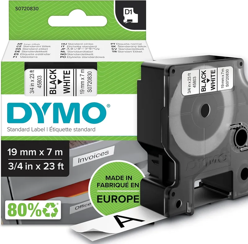 DYMO ▫️ Etiquetas originais D1 | impressão a preto sobre fundo branco | 19 mm × 7 m | etiquetas autoadesivas para etiquetadoras LabelManager
