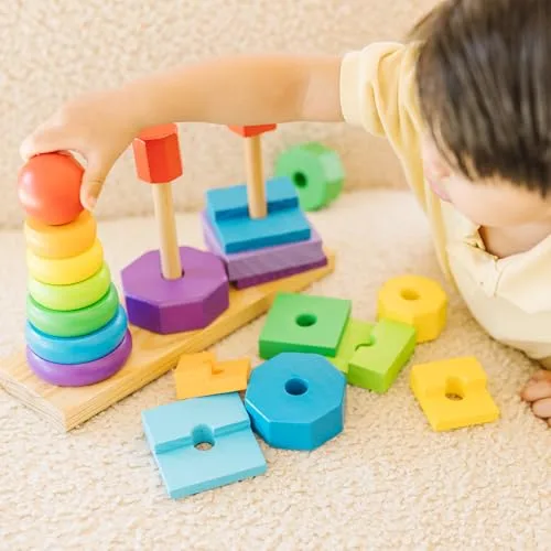 Melissa & Doug ▫️ Brinquedo para empilhar figuras geométricas, jogo educativo de empilhamento com 25 peças de madeira coloridas - 6073093 - Brinquedos para crianças a partir dos 2 anos - Presente para crianças a partir dos 2 anos - Montessori 2