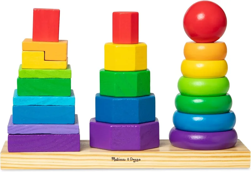 Melissa & Doug ▫️ Brinquedo para empilhar figuras geométricas, jogo educativo de empilhamento com 25 peças de madeira coloridas - 6073093 - Brinquedos para crianças a partir dos 2 anos - Presente para crianças a partir dos 2 anos - Montessori