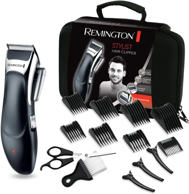 Remington ▫️ Máquina de cortar cabelo Stylist, com fio e sem fio, lâminas de cerâmica avançada, 8 pentes, autonomia de 40 min, alavanca de seleção do comprimento, mala de transporte e 5 acessórios - HC363C, unissexo.