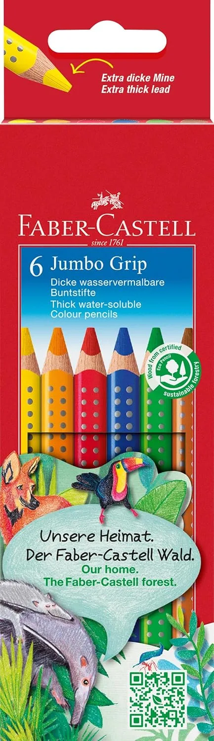Faber-Castell ▫️ Conjunto de lápis de cor Jumbo Grip de 6 unidades | Lápis de cor jumbo laváveis com água para crianças, com cores brilhantes e formato triangular ergonómico