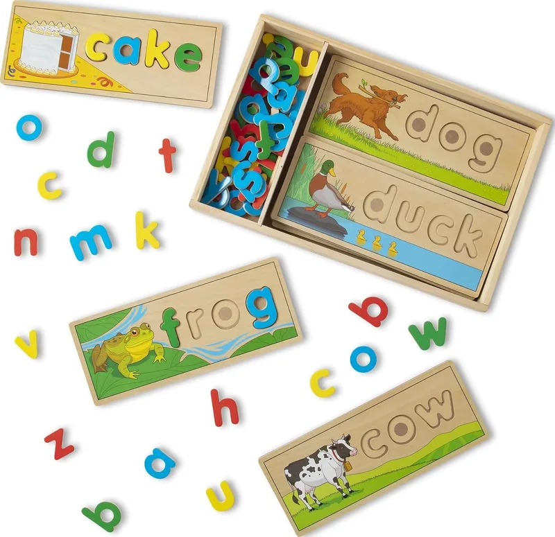 Melissa & Doug ▫️ Brinquedo educativo de madeira para aprender inglês, brinquedo Montessori, brinquedo para soletrar em inglês, presente para meninos e meninas de 3, 4, 5, 6, 7 e 8 anos
