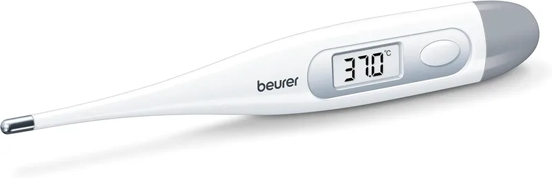 Beurer ▫️ FT09 Termómetro Digital e Corporal, Resistente à Água, ecrã LCD com precisão de medição de +/- 0,1 ºC, sinal sonoro, sem vidro, Cor Branca