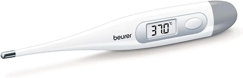 Beurer ▫️ FT09 Termómetro Digital e Corporal, à prova de água, ecrã LCD com margem de medição de +/- 0,1 ºC, sinal sonoro, sem vidro, cor branca