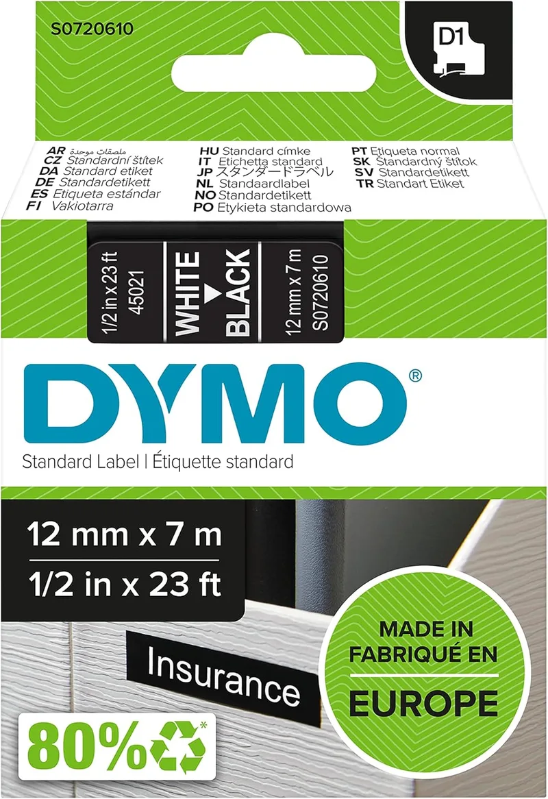 DYMO ▫️ Etiquetas originais D1 | impressão em branco sobre fundo preto | 12 mm × 7 m | etiquetas autoadesivas para etiquetadoras LabelManager
