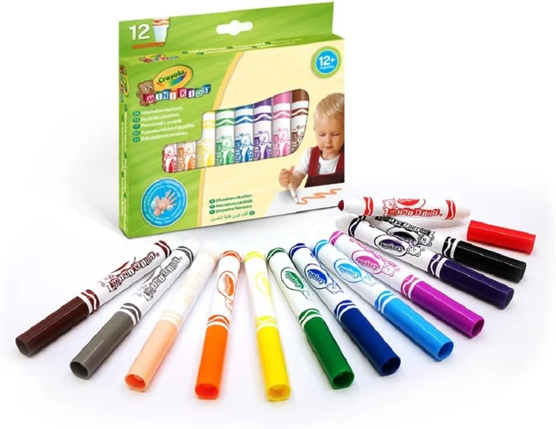 CRAYOLA ▫️ Mini Kids — Marcadores laváveis para crianças, conjunto de 12 marcadores laváveis com ponta arredondada, não tóxicos, adequados para crianças a partir dos 12 meses
