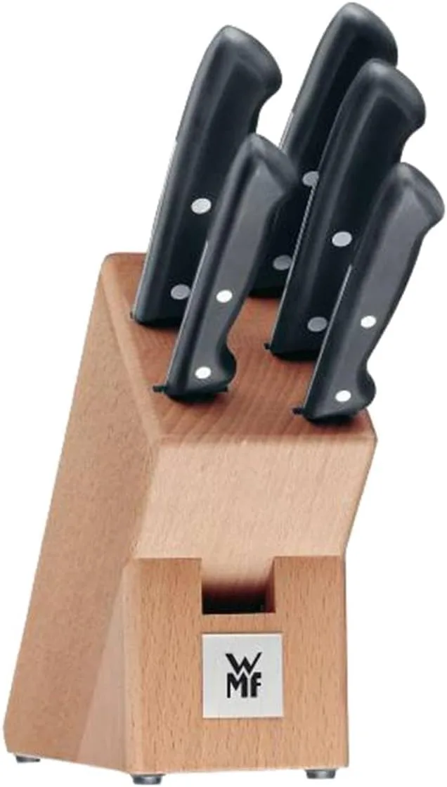 WMF ▫️ Classic Line - Conjunto de facas com 5 peças, suporte em madeira de bétula, facas com lâmina em aço inoxidável especial, cabos rebitados