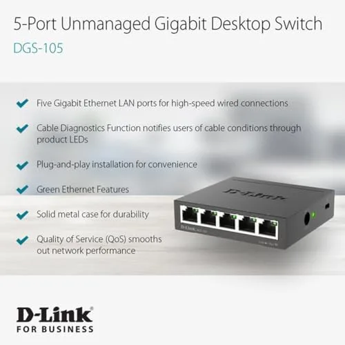 D-Link ▫️ DGS-105 - Switch de rede (5 portas Gigabit RJ-45, 10/100/1000 Mbps, estrutura metálica, IGMP snooping, deteção automática, priorização de tráfego QoS 802.1p) cor preta 2