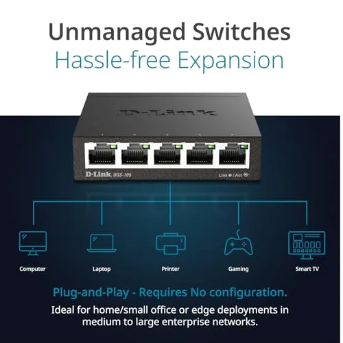 D-Link ▫️ DGS-105 - Switch de rede (5 portas Gigabit RJ-45, 10/100/1000 Mbps, estrutura metálica, IGMP snooping, deteção automática, priorização de tráfego QoS 802.1p) cor preta 3