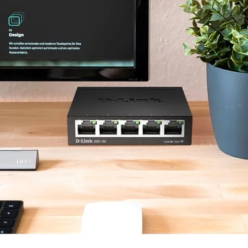 D-Link ▫️ DGS-105 - Switch de rede (5 portas Gigabit RJ-45, 10/100/1000 Mbps, estrutura metálica, IGMP snooping, deteção automática, priorização de tráfego QoS 802.1p) cor preta 5