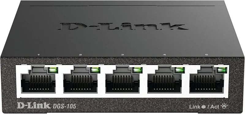 D-Link ▫️ DGS-105 - Switch de rede (5 portas Gigabit RJ-45, 10/100/1000 Mbps, estrutura metálica, IGMP snooping, deteção automática, priorização de tráfego QoS 802.1p) cor preta