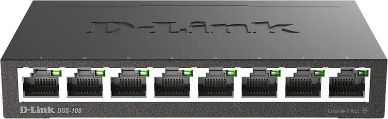 D-Link ▫️ DGS-108 Switch Gigabit Layer2 de 8 portas, transferência de dados até 1000 Mbps por porta, arquitetura sem bloqueio, sem ventoinha, caixa metálica, preto