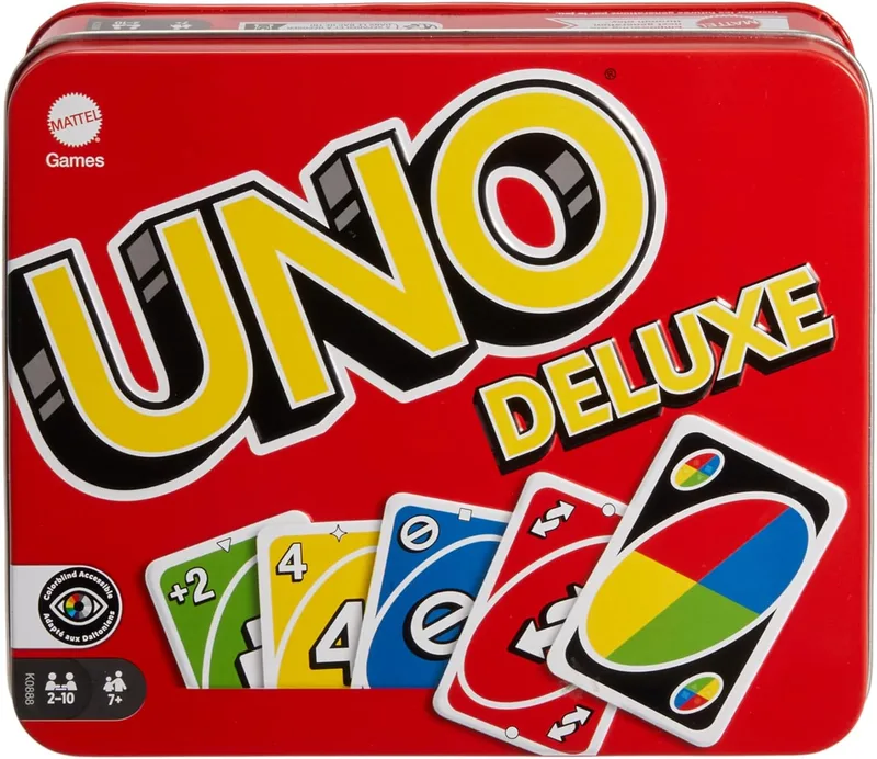 Mattel Games ▫️ UNO Deluxe em caixa metálica, 108 jogos de cartas para famílias, crianças e adultos, 2-10 jogadores, idade 7+, (Mattel K0888)