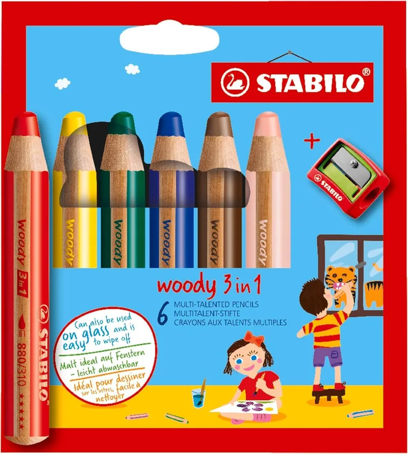 STABILO ▫️ lápis de cor, aguarela e cera - woody 3 em 1 | embalagem de 6 com afiador