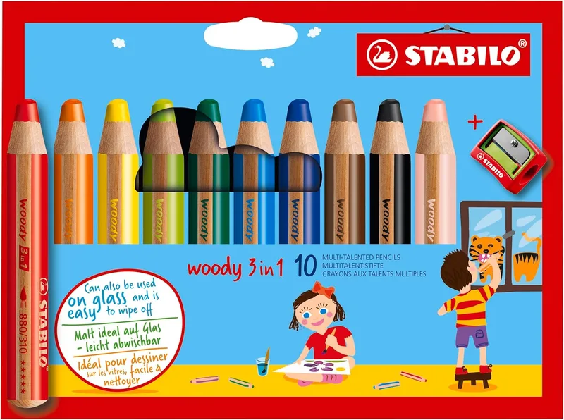 STABILO ▫️ lápis de cor, aguarela e cera - woody 3 em 1 | embalagem de 10 com afiador
