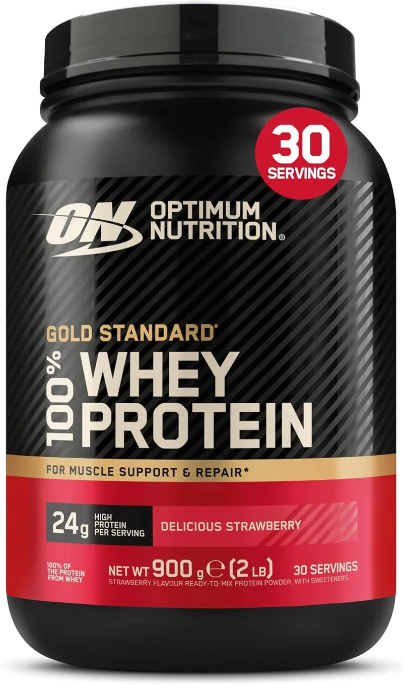 Optimum Nutrition ▫️ Gold Standard 100% Whey Protein Powder, Sabor Delicioso a Morango, 900g, 30 doses, as embalagens podem variar