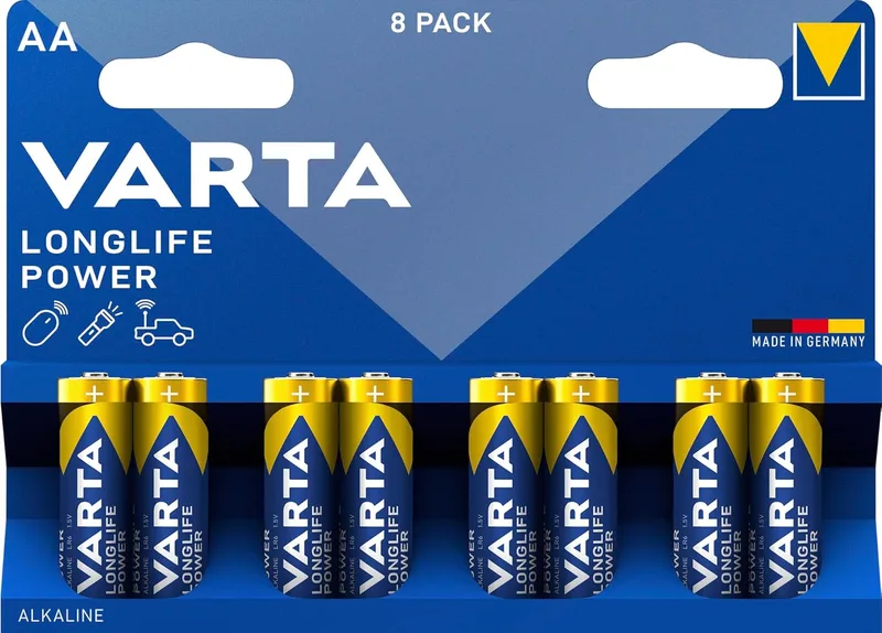 Varta ▫️ Pilhas AA, embalagem de 8, Longlife Power, alcalinas, 1,5V, para brinquedos, ratos sem fios, lanternas, Fabricado na Alemanha