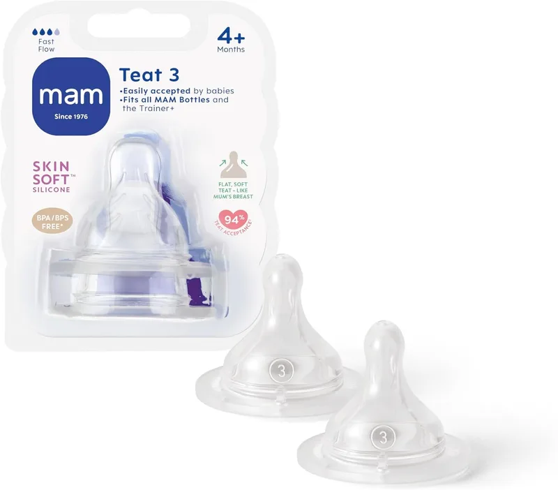 MAM ▫️ Teat - Tetas de silicone de gargalo largo, embalagem de 2, tamanho 3, (4+ meses)
