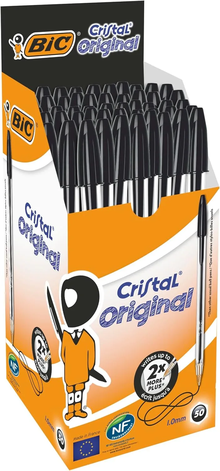 BIC ▫️ Cristal Original 8373631 - Caixa de 50 unidades, canetas esferográficas de ponta média (1,0 mm), cor preta