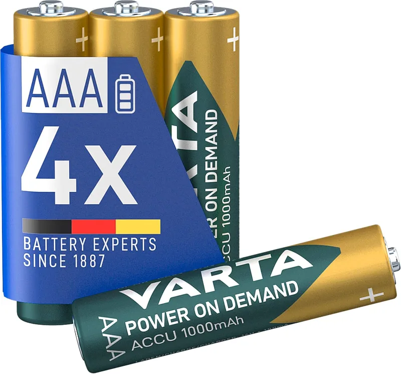 Varta ▫️ Pilhas AAA, recarregáveis, embalagem de 4, Recharge Accu Power, pilha recarregável, 1000 mAh Ni-MH, sem efeito de memória, pré-carregadas, prontas a usar | Bateria Ni-MH de 1000 mAh, tamanho HR03 de 1,2 V, pré-carregada, sem efeito de memória, para câmara e lanterna, formato compacto