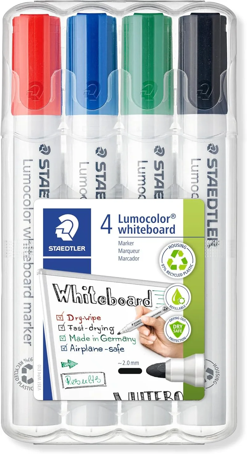 STAEDTLER ▫️ 351 WP4 - Marcadores para quadro branco Lumocolor, inodoros, de secagem rápida e recarregáveis, embalagem com 4 cores
