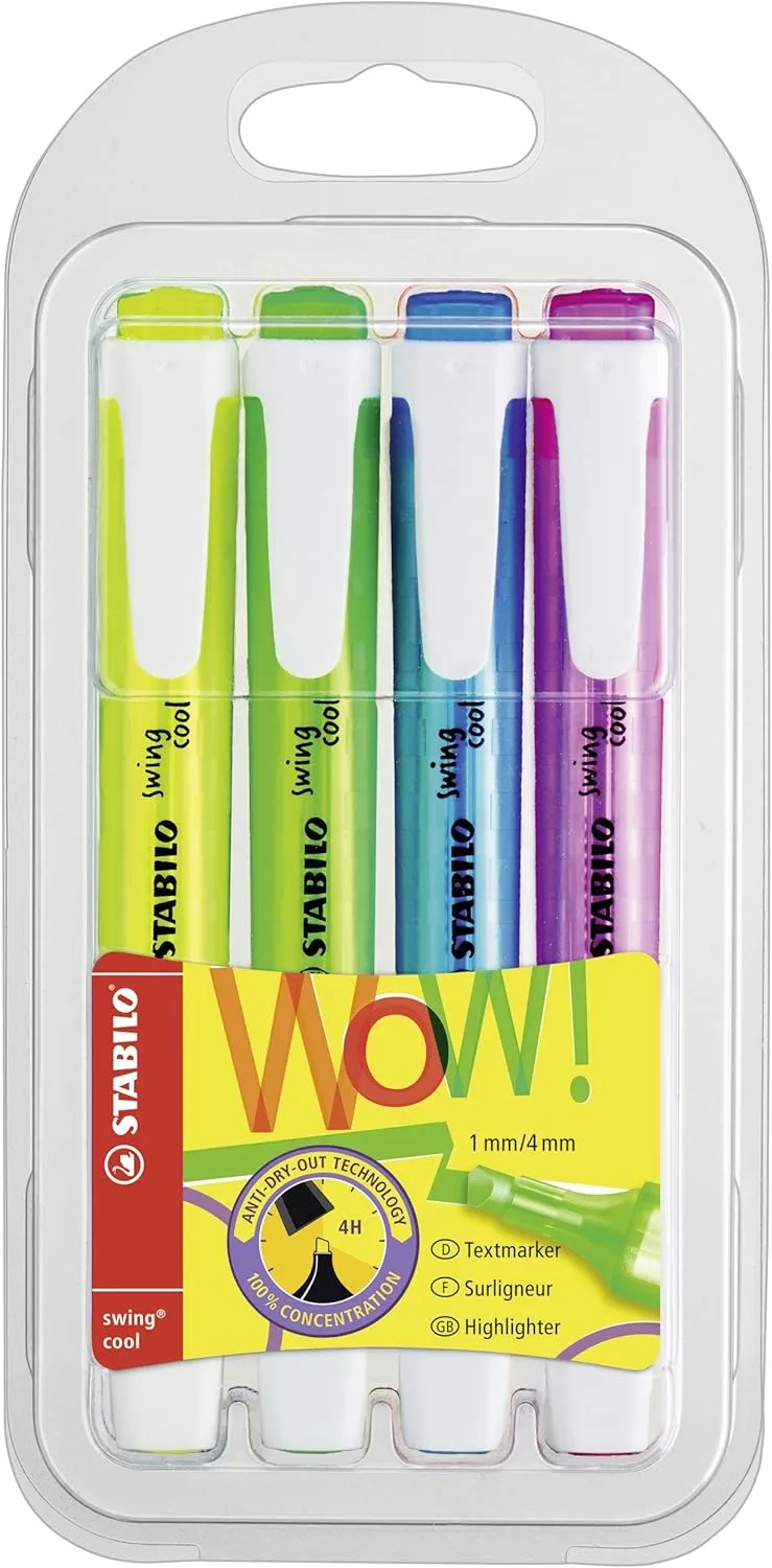 STABILO ▫️ marcador fluorescente - swing cool | embalagem de 4, amarelo, verde, azul, rosa