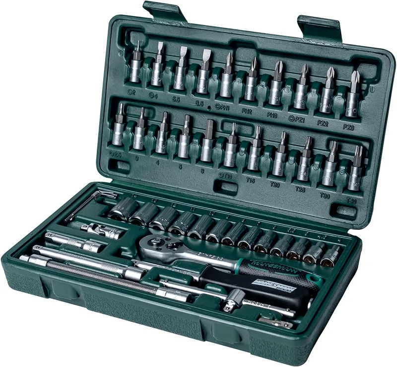 Mannesmann ▫️ M 2040 (6/7) Conjunto de 46 chaves de boca de 1/4 de polegada em aço CV, prateadas, 6 cm