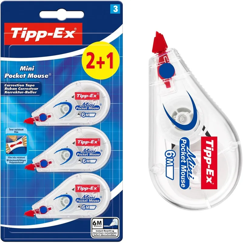 Tipp-Ex ▫️ Mini Pocket Mouse Corretion Tape - Ideal para material escolar - 6 m x 5 mm, Embalagem de 2+1, Cor Branco