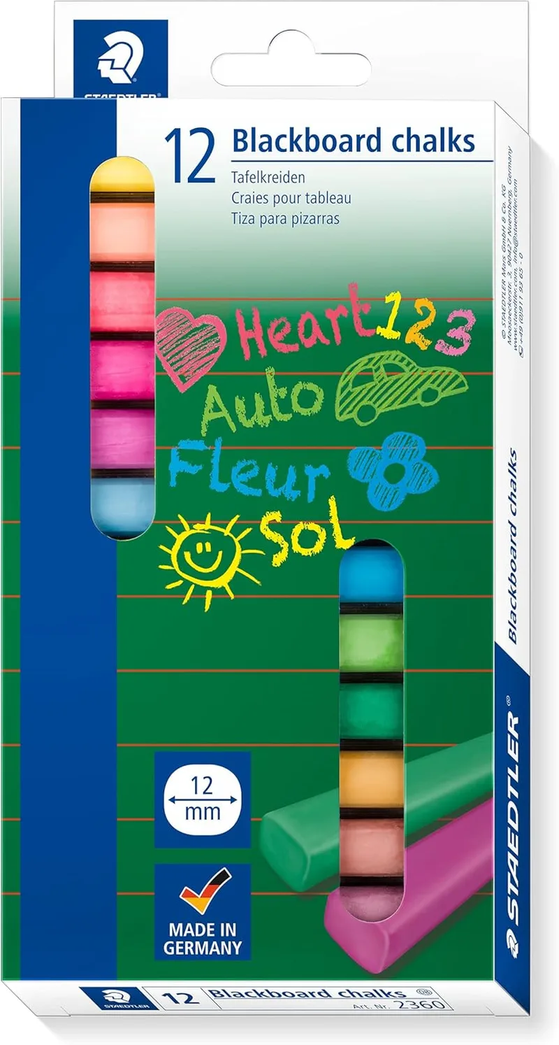 STAEDTLER ▫️ Noris Club 2360 - Giz colorido para quadro negro, 12 cores | Cores brilhantes, sem pó, fáceis de limpar, para quadros infantis, número de referência 2360