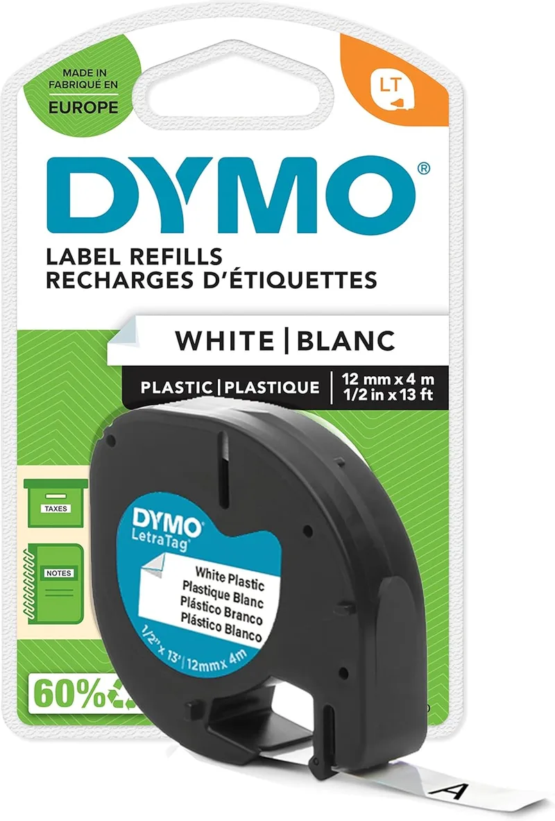DYMO ▫️ Etiquetas originais LT de plástico | Preto sobre branco | 12 mm x 4 m | para as etiquetadoras LetraTag | autoadesivas