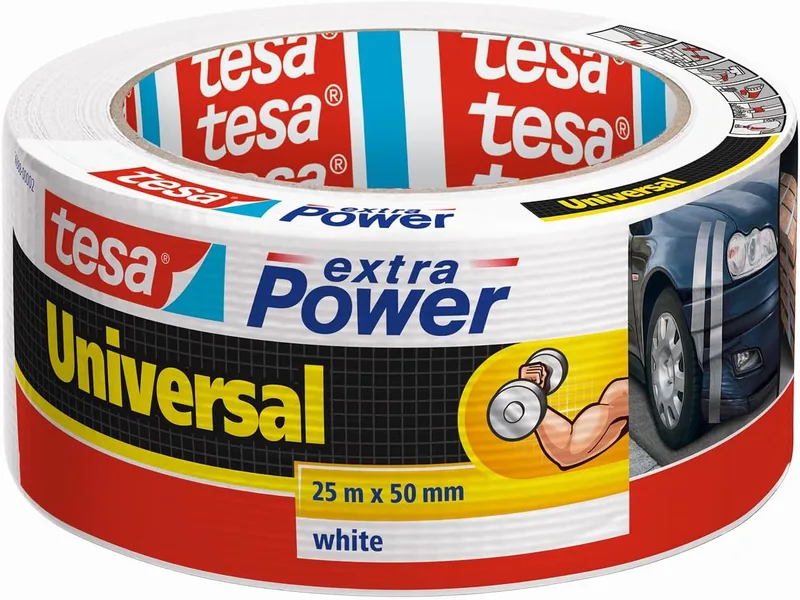 tesa ▫️ Fita Adesiva Universal Extra Power - Fita Adesiva Extra Forte - Fita Versátil Multiusos para Reparações, Fixação, Selagem e Muito Mais - Branca - 1 Rolo - 25 m x 50 mm