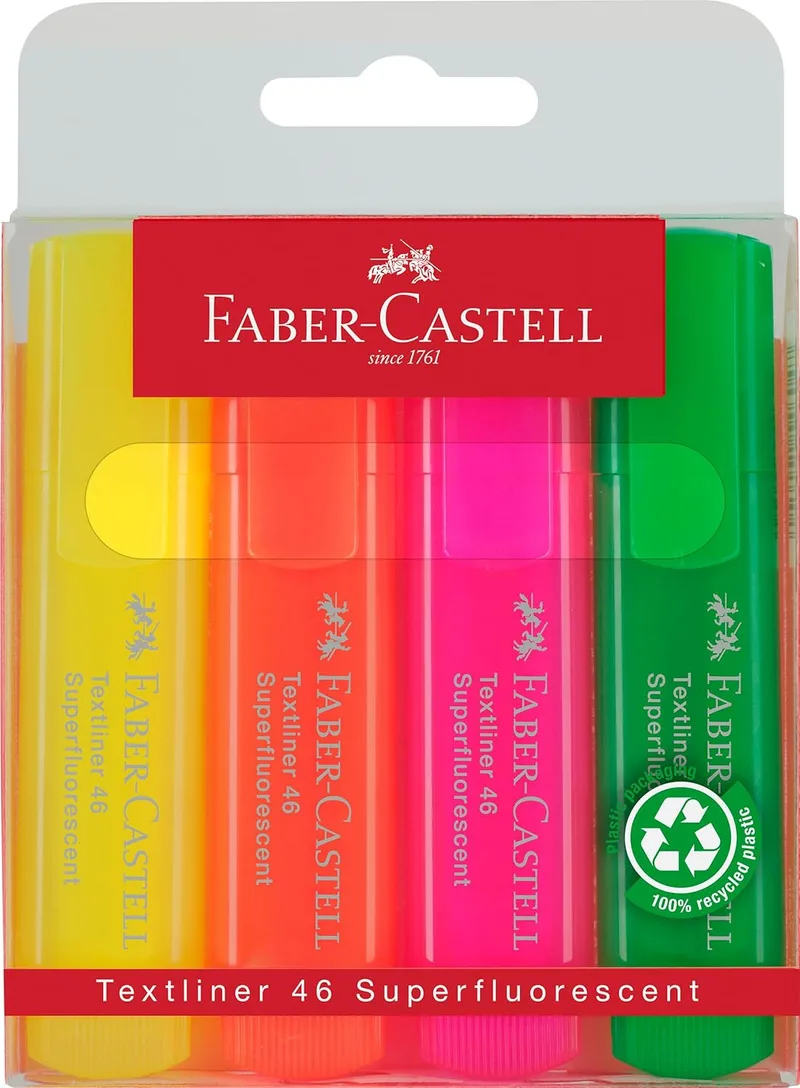 Faber-Castell ▫️ 154604 - Estojo com 4 marcadores fluorescentes - Amarelo - Laranja - Rosa - Verde