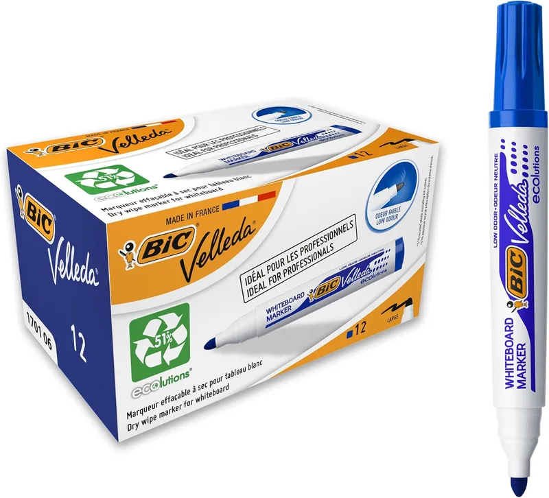 BIC ▫️ Marcadores para quadro branco Velleda Ecolutions 1701, óptimos para utilização no escritório e na escola, azul, embalagem com 12 unidades