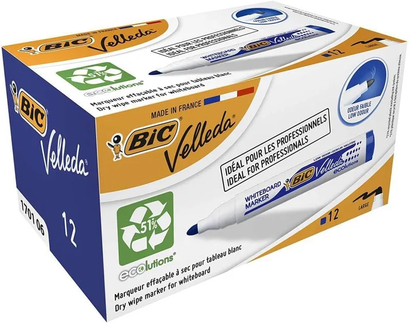 BIC ▫️ Velleda Ecolutions 1701 Marcadores para quadro branco, ideais para uso no escritório e na escola, azuis, embalagem de 12 unidades