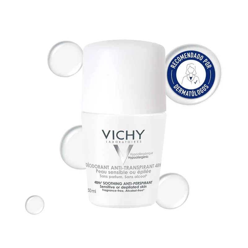 VICHY ▫️ Desodorizante em formato roll-on, para mulher, anti-manchas, antitranspirante, adequado para pele sensível ou recém-depilada, proteção eficaz até 48 horas, sem álcool, sem perfume, 50 ml