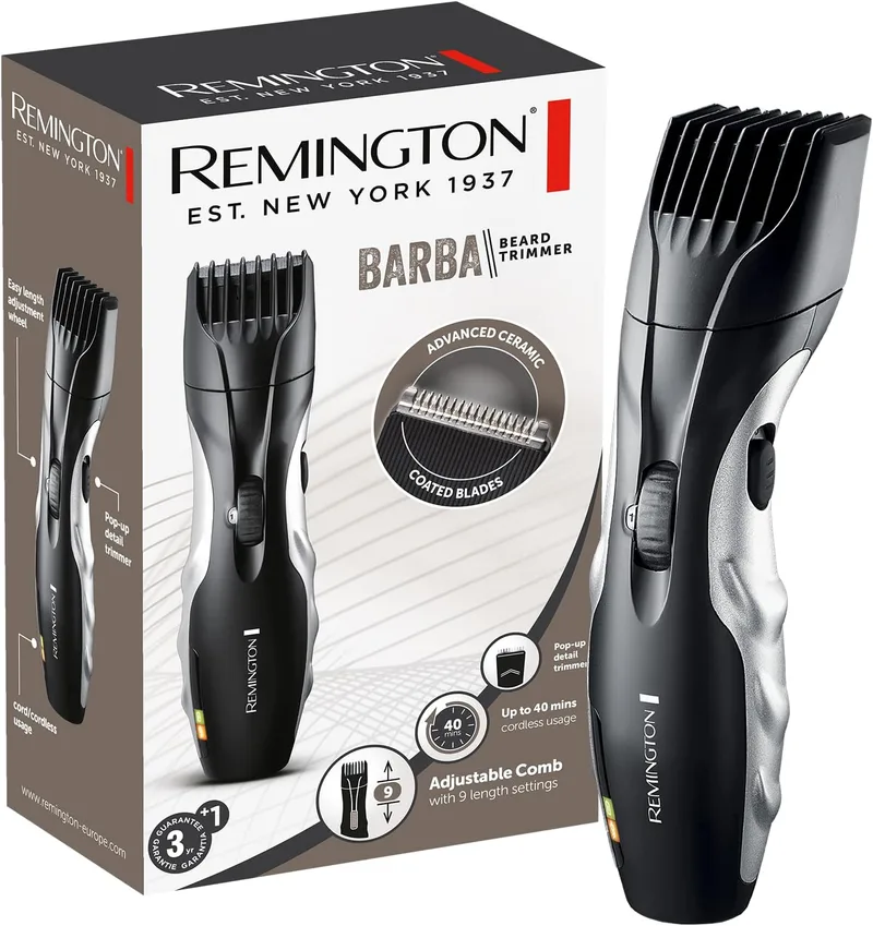 Remington ▫️ Aparador de Barba Ceramic Beard, aparador com fio e sem fio, lâminas de cerâmica, 9 ajustes de comprimento, roda de zoom para ajuste de comprimento, autonomia de 40 minutos, indicador de carga, MB320C