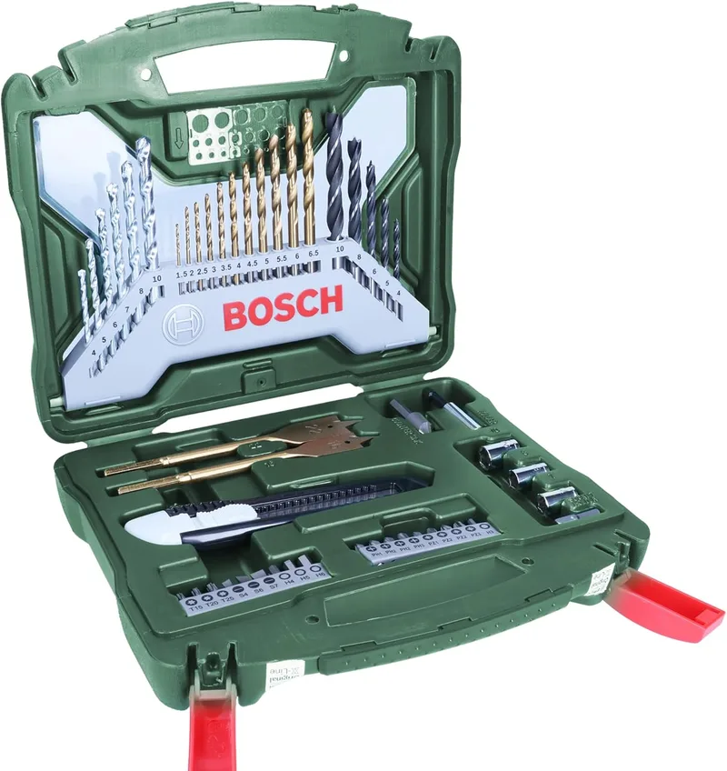 Conjunto de bits e pontas de aparafusar em titânio X-Line da Bosch 50 peças (para madeira, alvenaria e metal, incluindo fresas e pontas planas para tupias, acessórios para berbequins e aparafusadoras)